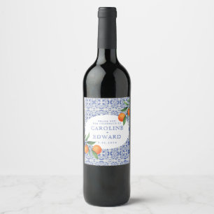 Watercolor Bluetile Mediterranean Wedding Wine Label