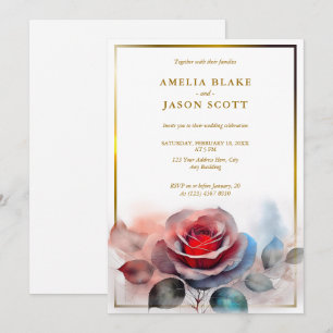 Watercolor Bluish Red Rose   Gold Frame Wedding Invitation