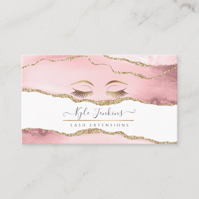 WATERCOLOR BLUSH AGATE FAUX GOLD EYE LASHES BUSINESS CARD (Front)