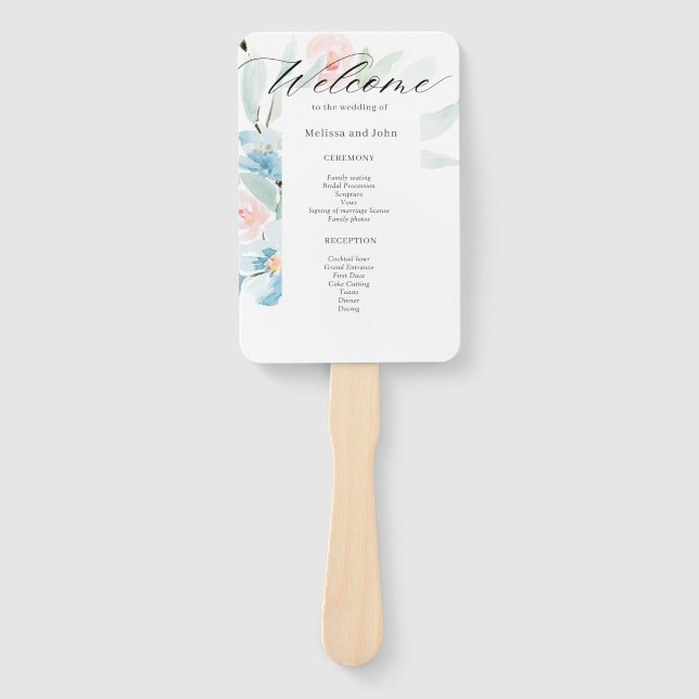 Watercolor Blush and Blue Wedding Details  Hand Fan (Front)