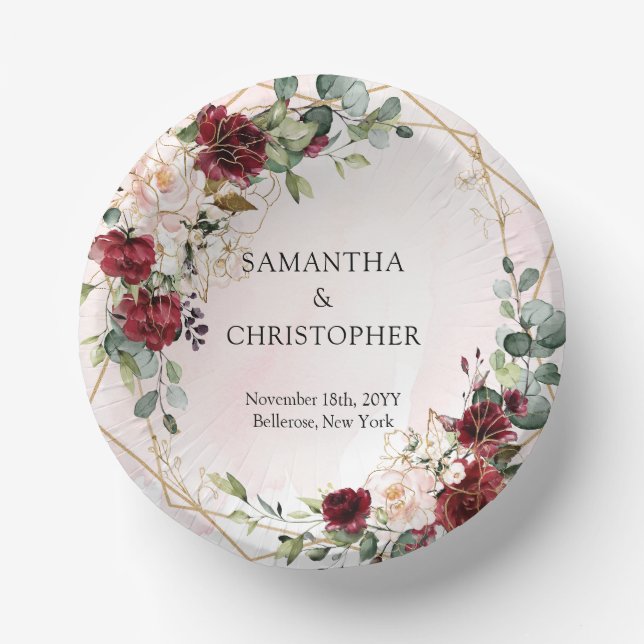 Watercolor blush and burgundy gold wedding paper plate (Front)