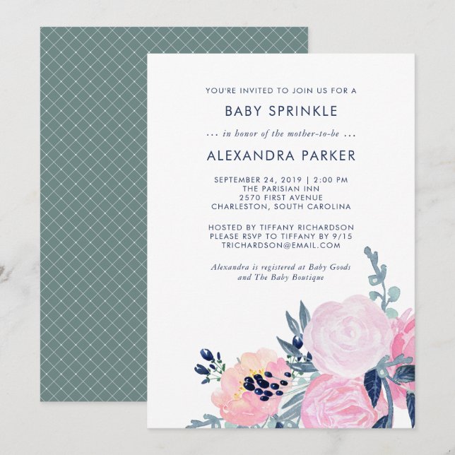 Watercolor Blush and Navy Floral Baby Sprinkle Invitation (Front/Back)