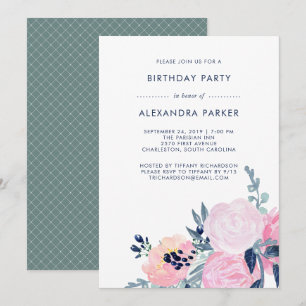 Watercolor Blush and Navy Floral Birthday Party Invitation