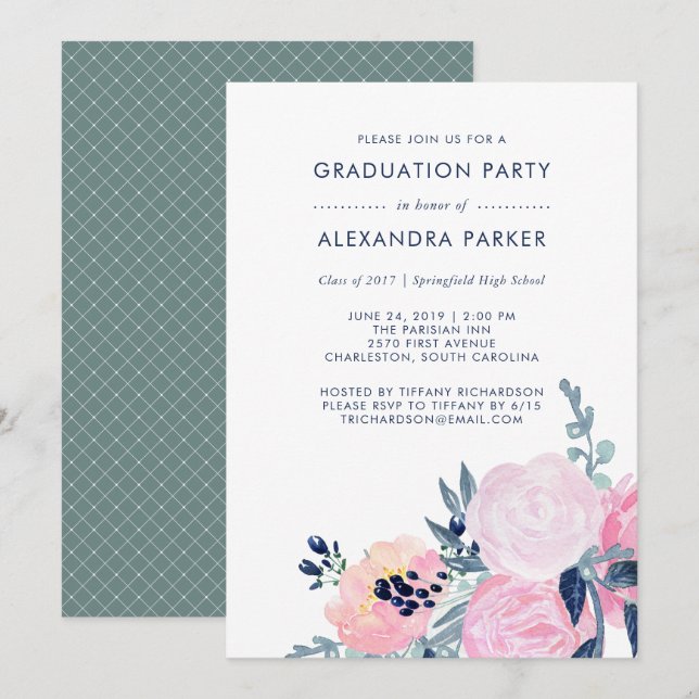 Watercolor Blush and Navy Floral Graduation Party Invitation (Front/Back)