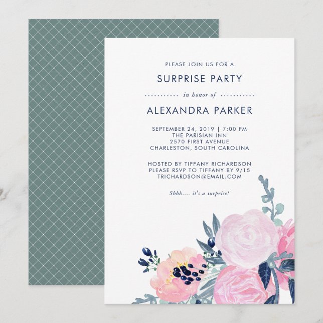 Watercolor Blush and Navy Floral Surprise Party Invitation (Front/Back)