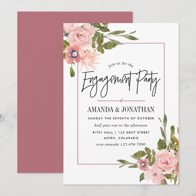 Watercolor Blush and Rose Gold Engagement Party Invitation (Front/Back)