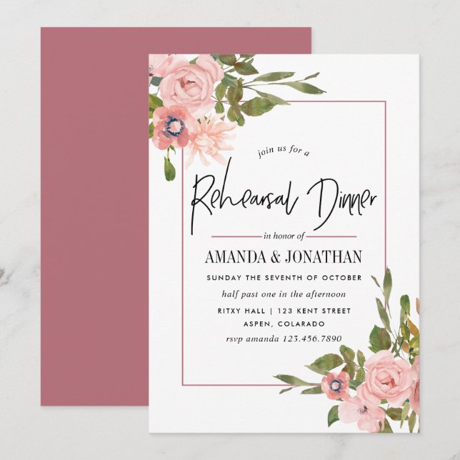 Watercolor Blush and Rose Gold Rehearsal Dinner Invitation (Front/Back)