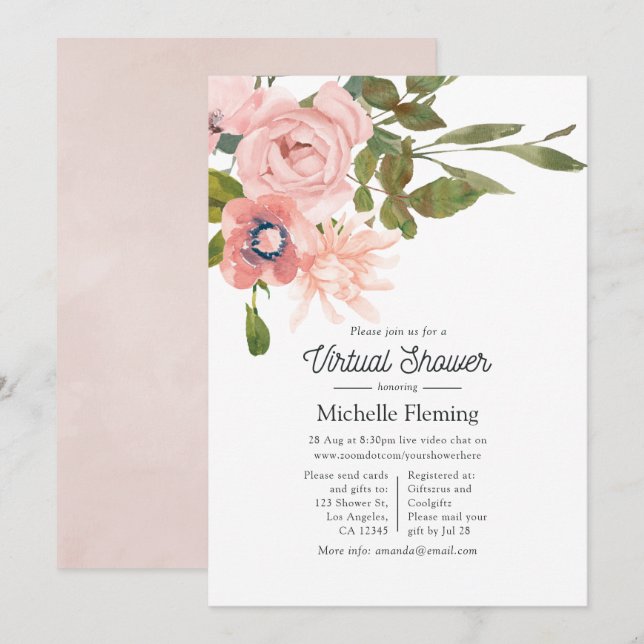 Watercolor Blush and Rose Gold Virtual Baby Shower Invitation (Front/Back)
