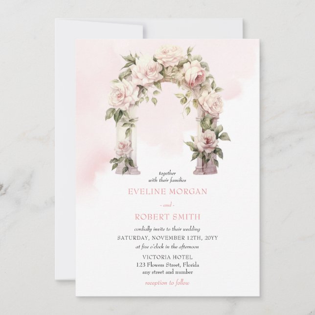 Watercolor blush and white roses wedding arch invitation (Front)