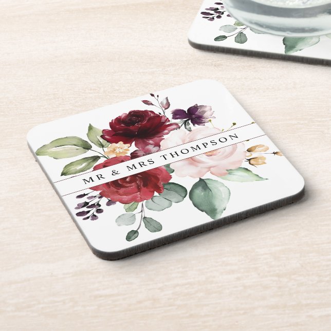 Watercolor Blush and Wine Floral Newlyweds Coaster (Left Side)