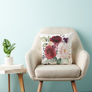 Watercolor Blush and Wine Floral Newlyweds Cushion