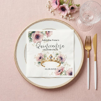 Watercolor Blush Anemones Gold Tiara Quinceañera Napkin