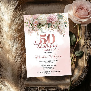 Watercolor Blush Bouquet Gold Greenery 50 Birthday Invitation