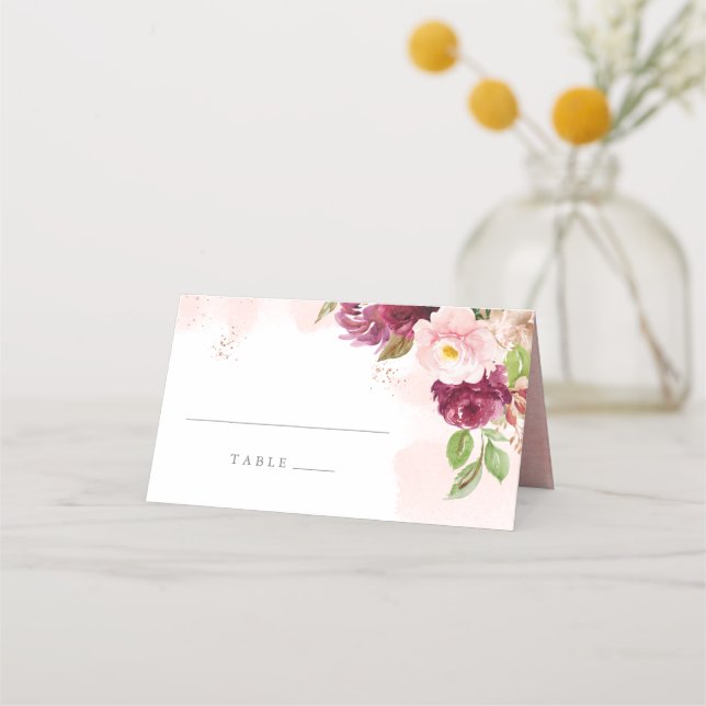 Watercolor Blush Burgundy Floral Wedding Place Card (Front)