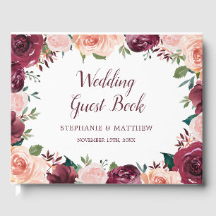 Watercolor Blush Burgundy Rose Border Wedding Guest Book