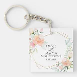Watercolor Blush Coral Vanilla Spring Flowers Key Ring