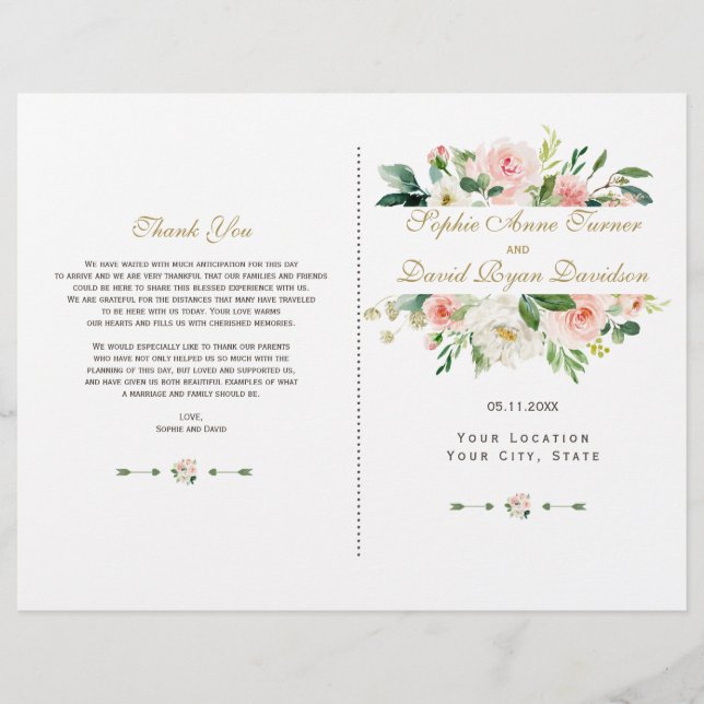 Watercolor Blush Cream Floral Wedding Program (Front)