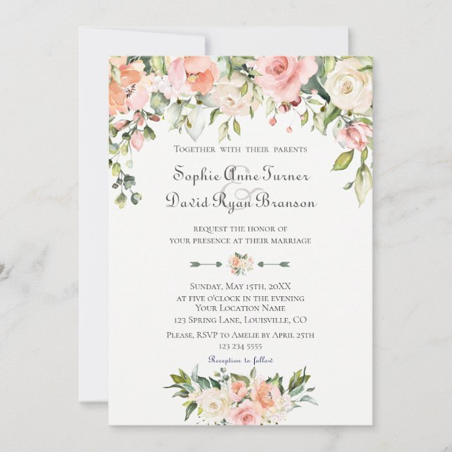 Watercolor Blush Cream Flowers Bloom Wedding Invitation (Front)
