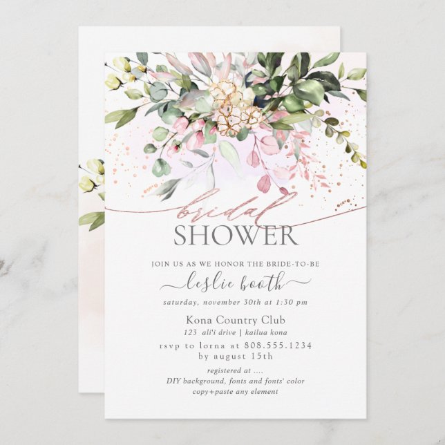 Watercolor Blush Eucalyptus Bridal Shower Invitation (Front/Back)