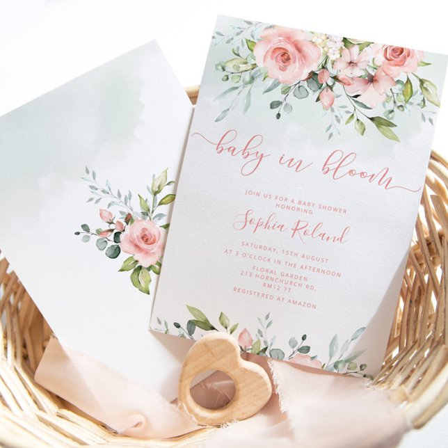 Watercolor blush floral baby in bloom invitation (Creator Uploaded)
