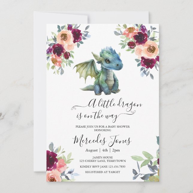 Watercolor Blush Floral Blue Dragon Baby Shower Invitation (Front)