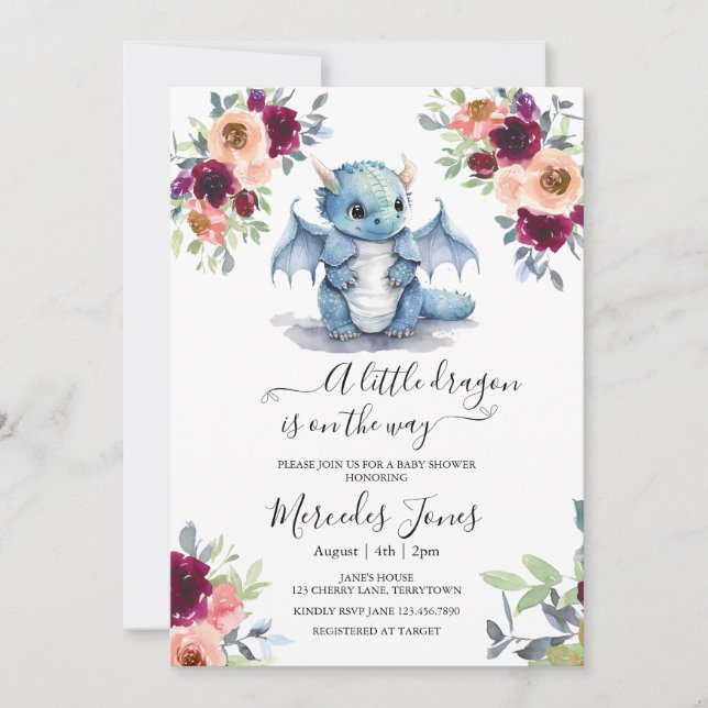 Watercolor Blush Floral Blue Dragon Baby Shower Invitation (Front)