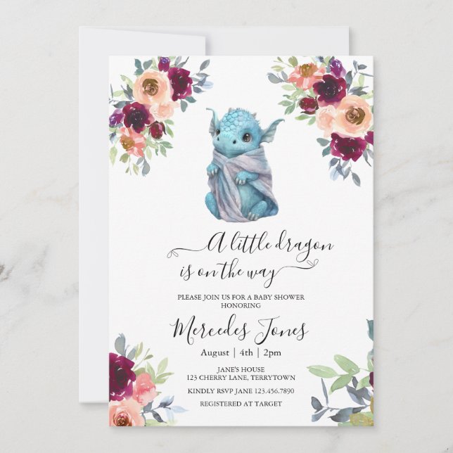 Watercolor Blush Floral Blue Dragon Baby Shower Invitation (Front)