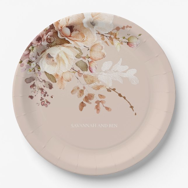 Watercolor Blush Floral Bridal Shower Wedding Paper Plate (Front)