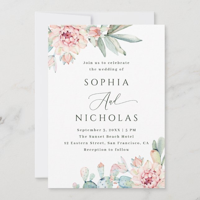 Watercolor Blush Floral & Cactus Wedding. Photo QR Invitation (Front)