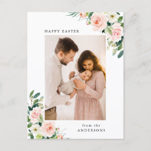 Watercolor Blush Floral Easter Photo Holiday Postcard