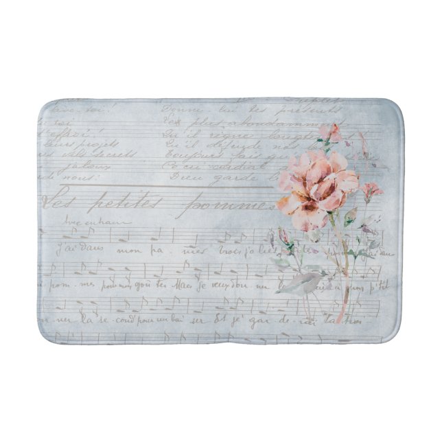 Watercolor Blush Floral French Music Bath Mat (Front)