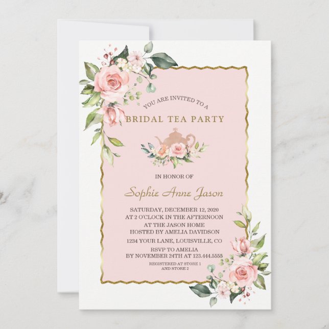 Watercolor Blush Floral Gold Bridal Tea Party Invitation (Front)