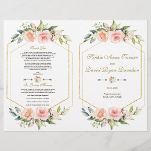 Watercolor Blush Floral Gold Frame Wedding Program Flyer