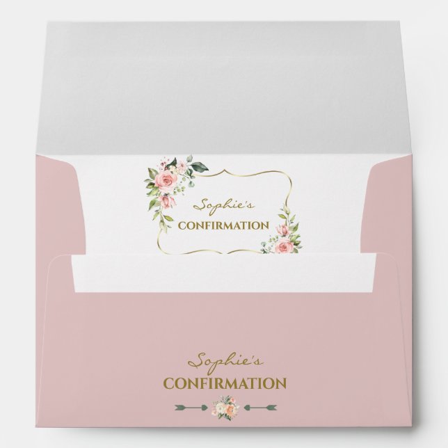 Watercolor Blush Floral Gold Girl Confirmation Envelope (Back (Bottom))