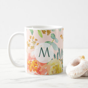 Watercolor Blush Floral Gold Glitter Monogram Coffee Mug