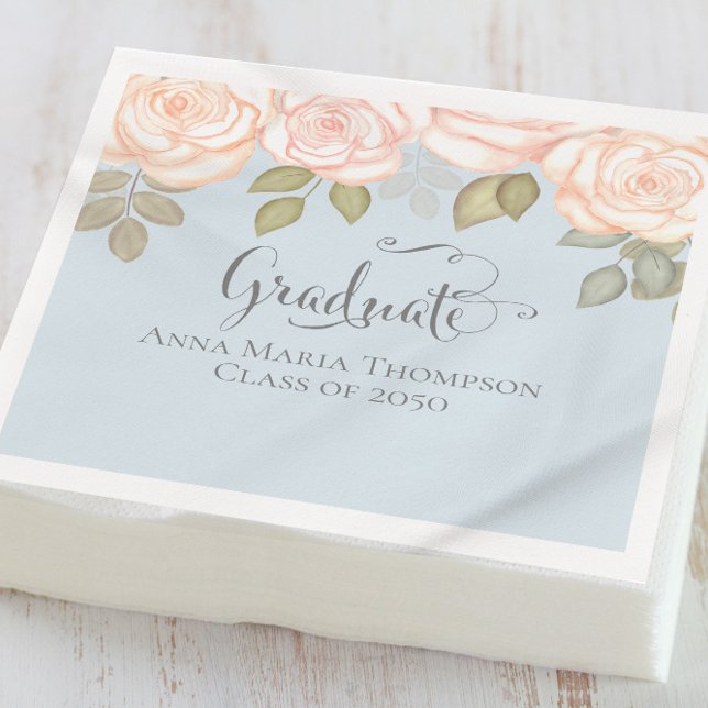 Watercolor Blush Floral Graduation Light Blue Napkin (Creator Uploaded)