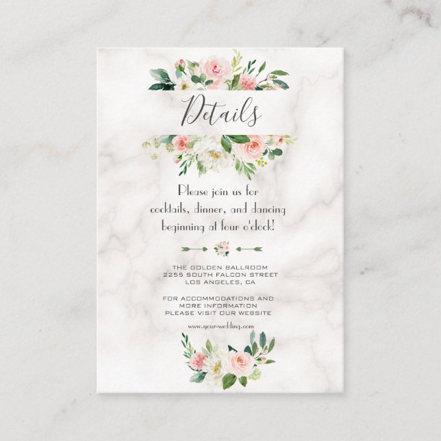 Watercolor Blush Floral Marble Wedding Details Enclosure Card (Front)