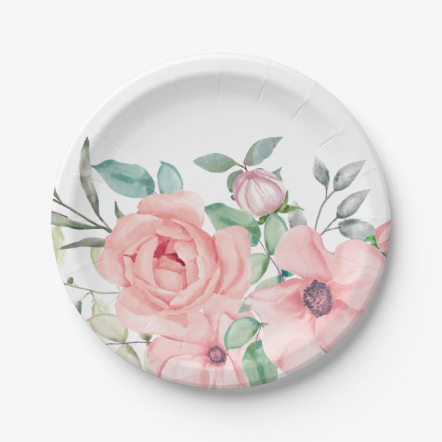 Watercolor Blush Floral Paper Plate (Front)