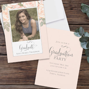 Watercolor Blush Floral Peach Photo Graduation Invitation