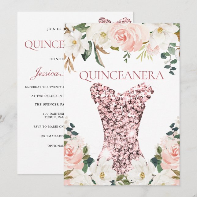 Watercolor Blush Floral Quinceanera 15th Birthday Invitation (Front/Back)