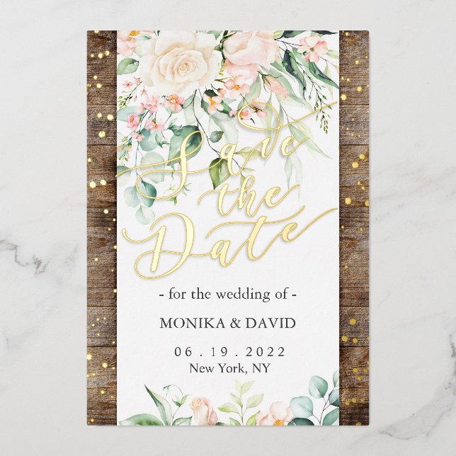 Watercolor Blush Flower Save the Date Real Gold (Front)