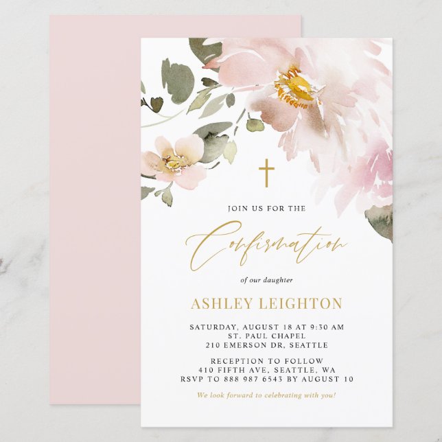 Watercolor Blush Flowers Confirmation Invitation (Front/Back)