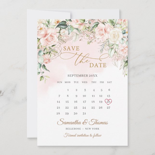 Watercolor blush flowers eucalyptus gold calendar save the date (Front)