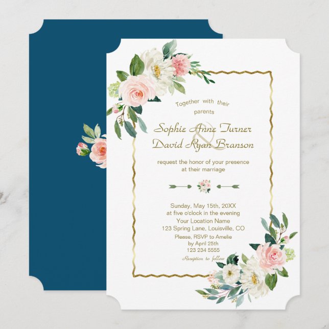 Watercolor Blush Flowers Gold Navy Wedding Invitation (Front/Back)