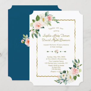 Watercolor Blush Flowers Gold Navy Wedding Invitation