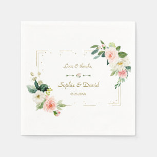 Watercolor Blush Flowers Gold Navy Wedding Napkin