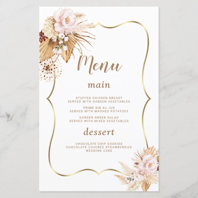 Watercolor Blush Flowers Pampas Grass Wedding Menu (Front)