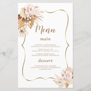 Watercolor Blush Flowers Pampas Grass Wedding Menu