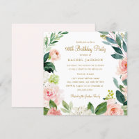 Watercolor Blush Gold Floral 90th Birthday Invite