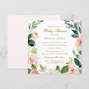 Watercolor Blush Gold Floral Baby Shower Invite